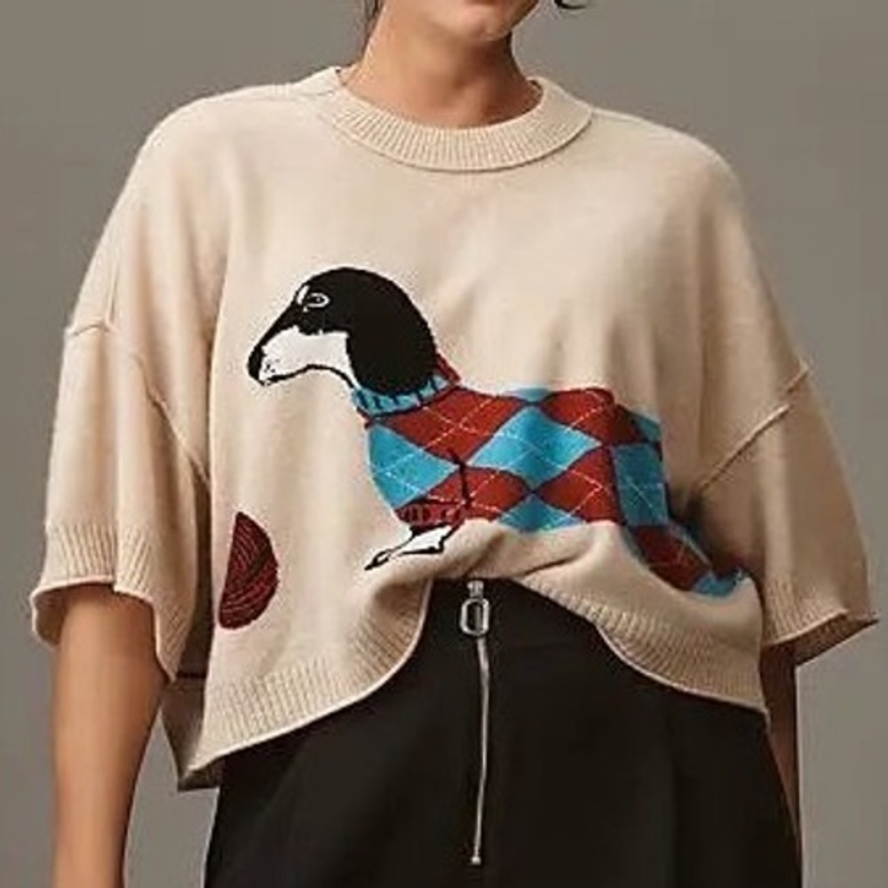 NWT Anthropologie Cashmere Dachshund Sweater 3X‎ Argyle Oatmeal Weiner Dog